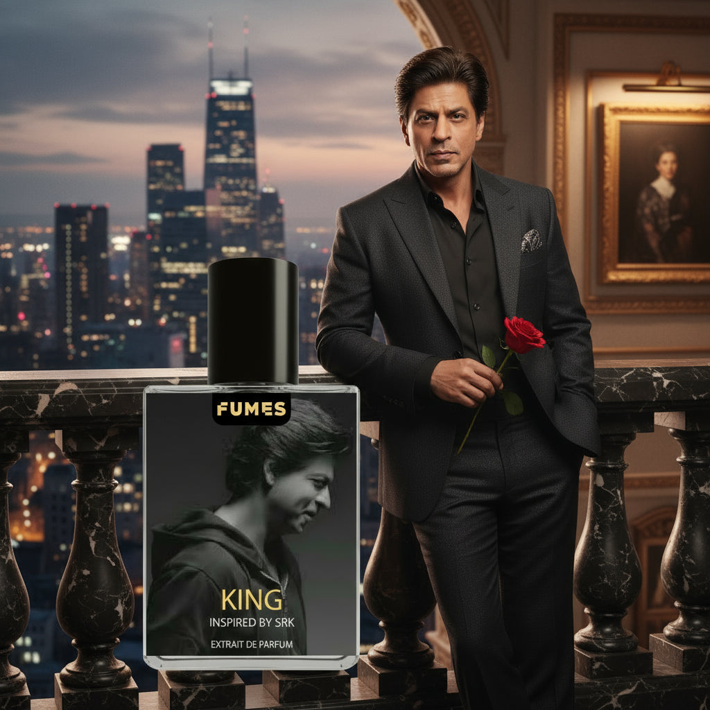 Perfume bottle labeled 'Fumes King Inspired by SRK' on a gray background