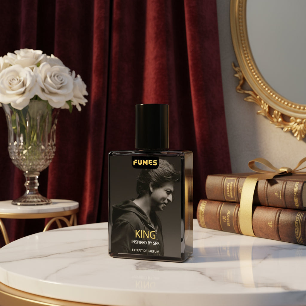 Perfume bottle labeled 'Fumes King' inspired by SRK on a gray background